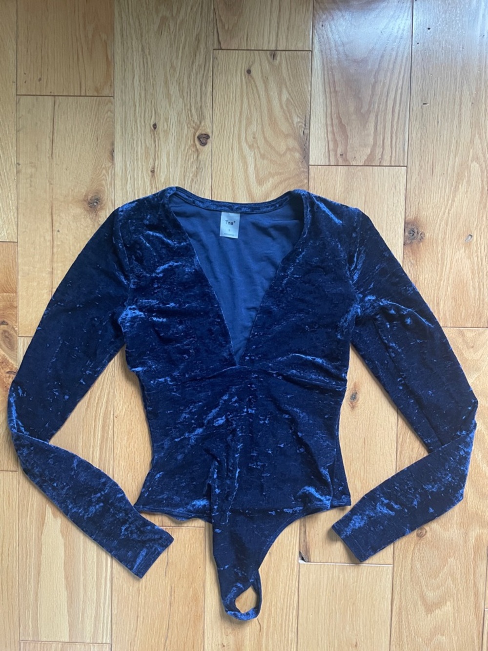 TNA Crushed Velvet Long-Sleeve Deep V Bodysuit - Navy